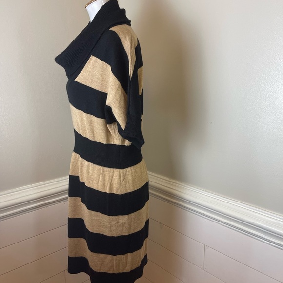 Loft Black & Tan Striped Cowl Neck Merino Wool Blend Sweater Dress L FREE SHIP - Picture 2 of 5